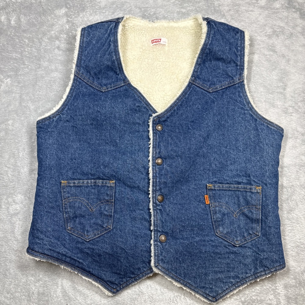 Vintage Levis Denim Vest Mens Large Blue Sherpa Lined Orange Tab USA 70s 80s